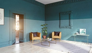 modern oturma odası iç. 3D render renk engelleme kavramı