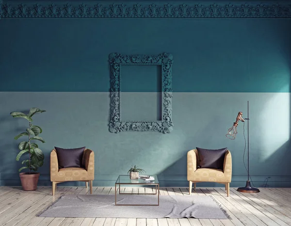 Modern Oturma Odası Render Renk Engelleme Kavramı — Stok fotoğraf