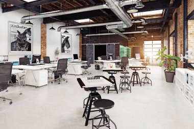 Modern loft ofis iç. 3D render kavramı.
