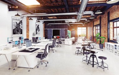 Modern loft ofis iç. 3D render kavramı.