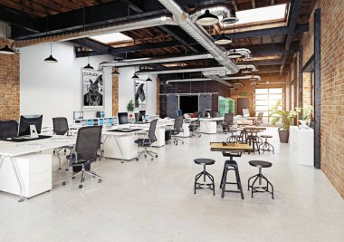 Modern loft ofis iç. 3D render kavramı.
