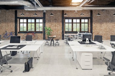 Modern loft ofis iç. 3D render kavramı.