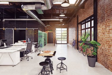 Modaya uygun modern loft iç. 3D render kavramı.