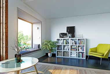 modern iç pencere kanepe ile. 3D render 