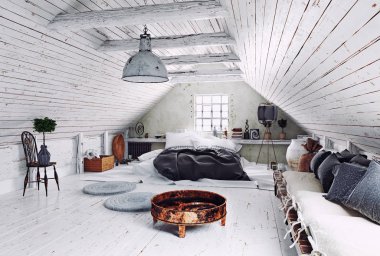 modern tavan yatak odası tasarımı beyaz duvarlı. 3D render iç 