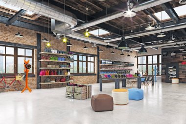 Modern butik iç, loft tarzı tasarım. 3D render