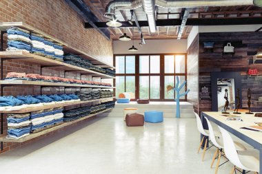 Modern butik iç, loft tarzı tasarım. 3D render