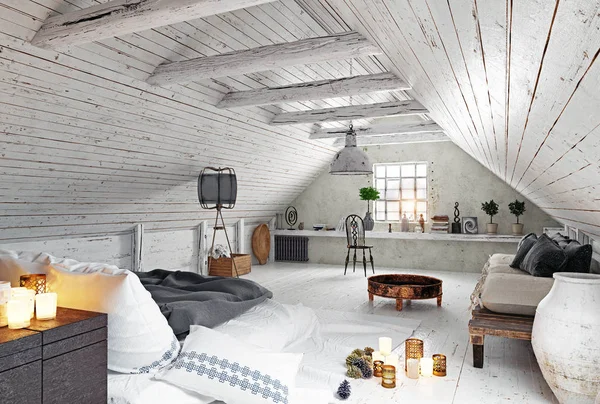 现代阁楼卧室设计 渲染内部 斯堪的纳维亚风格 — 图库照片