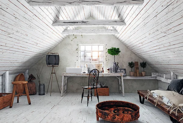 Grenier Intérieur Moderne Blanc Avec Table Près Fenêtre Conception Rendu — Photo