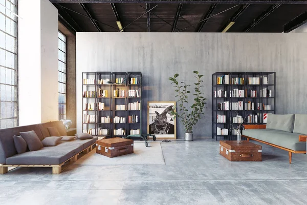 Moderne Loft Woonkamer Met Boekenkasten Rendering Ontwerp — Stockfoto