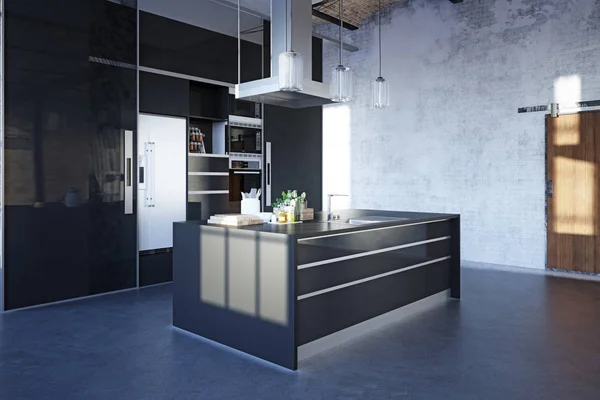 Moderne Loft Keuken Interieur Rendering Ontwerpproject — Stockfoto