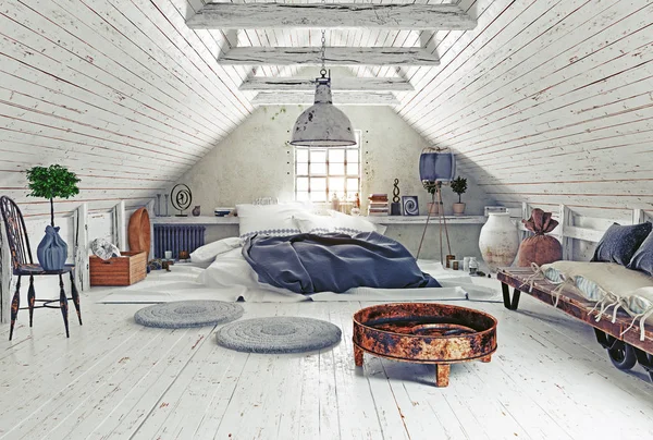 Сучасний Дизайн Спальні Горищі Білими Стінами Візуалізація Інтер Єру — стокове фото