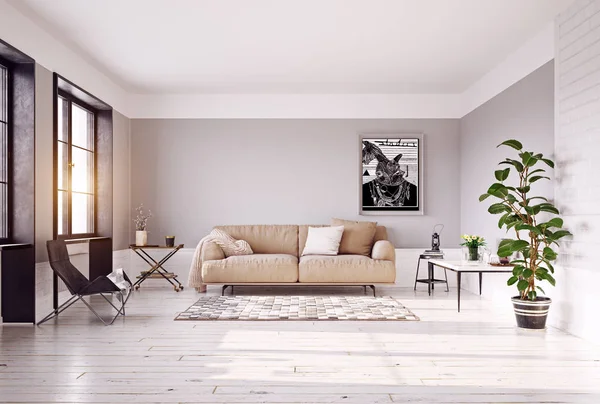 Modernt Vardagsrum Inredning Med Stora Soffa Rendering — Stockfoto