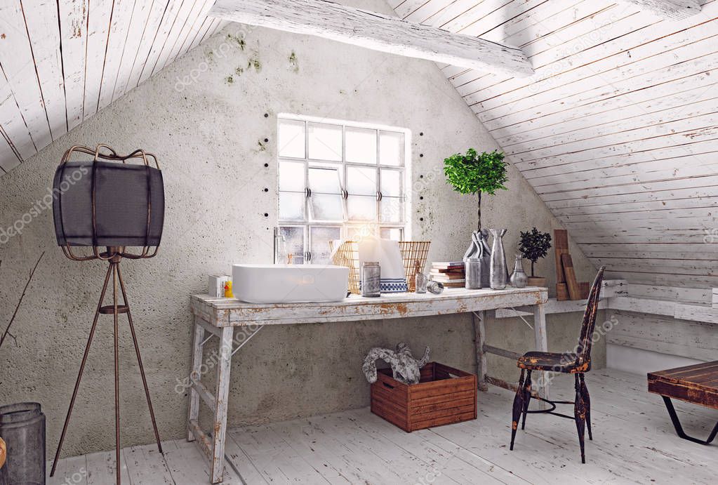 modern attic white interior with table near window. 3d rendering design 