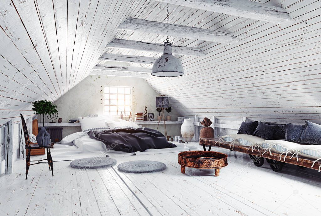 modern attic bedroom design with white walls. 3d rendering interior 