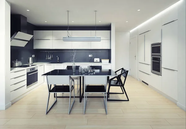 Moderne Zwarte Witte Keuken Interieur Rendering Ontwerpconcept — Stockfoto
