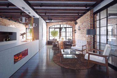 modern çatı katı mutfak iç. 3D render tasarım konsepti