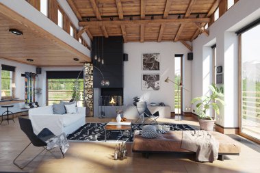Modern chalet iç. 3D render tasarım konsepti
