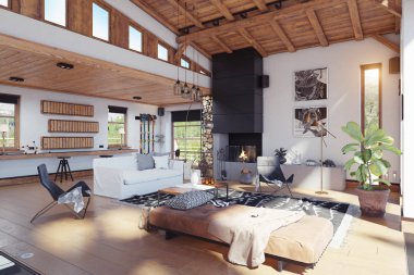 Modern chalet iç. 3D render tasarım konsepti