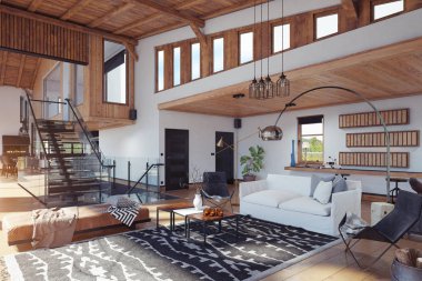 Modern chalet iç. 3D render tasarım konsepti