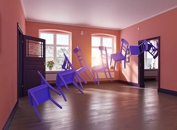 Rij Van Vliegende Paarse Stoelen Kamer Rendering Interieurconcept — Stockfoto