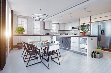 siyah ve beyaz mutfak modern iç. 3D render tasarım konsepti