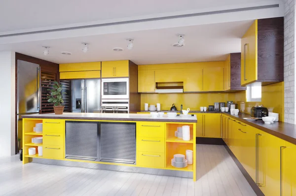 Moderne Gele Kleur Keuken Interieur Rendering Ontwerpconcept — Stockfoto