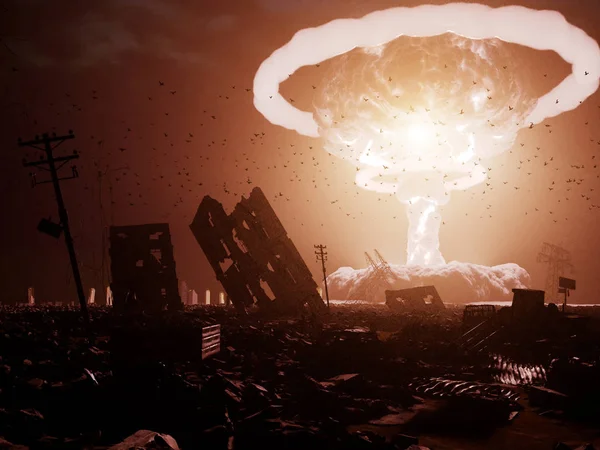 Ядерный Взрыв Над Разрушенным Городом Концепция Рендеринга Шум Добавление Зерна — стоковое фото