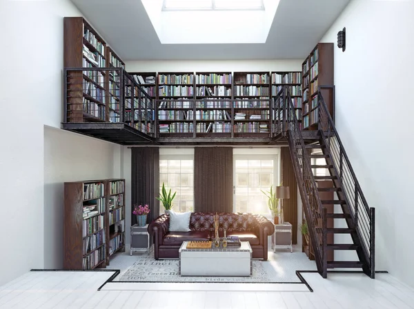 Home Biblioteca Design Interiores Conceito Renderização — Fotografia de Stock