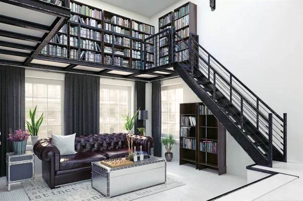 Home Bibliotheek Interieur Rendering Concept — Stockfoto