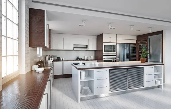 现代厨房的内部 3D渲染设计概念 — 图库照片