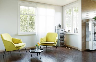 modern ülkesi oturma odası iç. 3D render kavramı