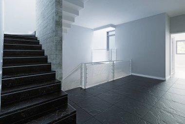merdiven koridor iç tasarım. 3D render kavramı