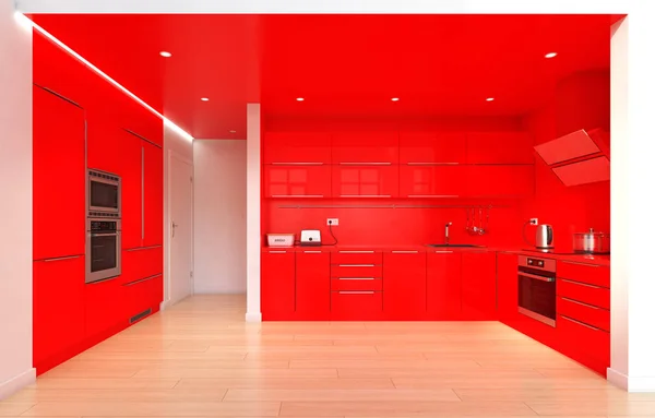 Moderno Colore Rosso Interno Della Cucina Concetto Rendering — Foto Stock