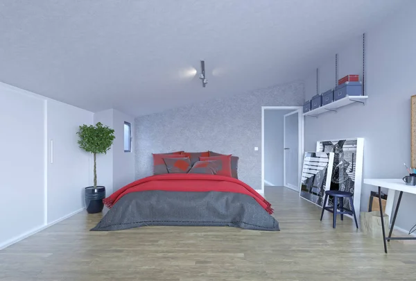 Moderne Dachgeschoss Schlafzimmer Innenausstattung Rendering Konzept — Stockfoto