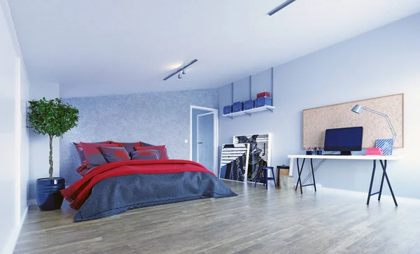 Moderne Dachgeschoss Schlafzimmer Innenausstattung Rendering Konzept — Stockfoto
