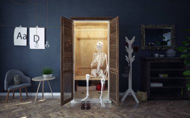Dolaptaki iskelet. Kavramsal yaratıcı bir fikir. 3D render