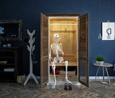 Dolaptaki iskelet. Kavramsal yaratıcı bir fikir. 3D render