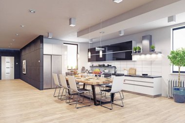 Modern mutfak iç mimarisi. 3d tasarım kavramı