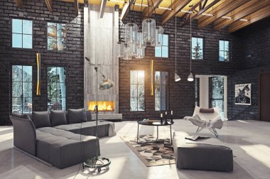 Lüks ev iç şömineli. 3D render tasarım konsepti