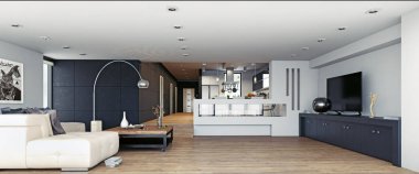 Modern tasarım oturma odası iç. 3D render kavramı