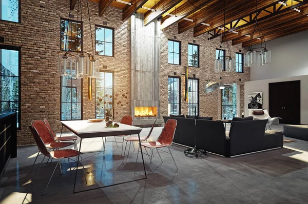 豪華な暖炉のある家の内部 レンダリング デザイン コンセプト — ストック写真