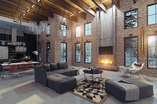 Interior Casa Luxo Com Lareira Conceito Design Renderização — Fotografia de Stock