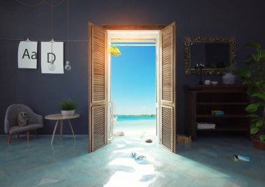 deniz kapısı olarak kabine dolap. 3D render yaratıcı kavramı