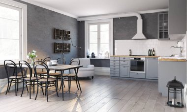 tarzı modern tasarım mutfak iç. 3D render kavramı