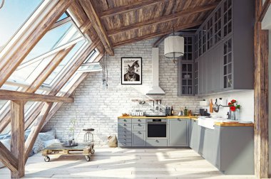 Modern Tavan mutfak iç. 3D render tasarım konsepti