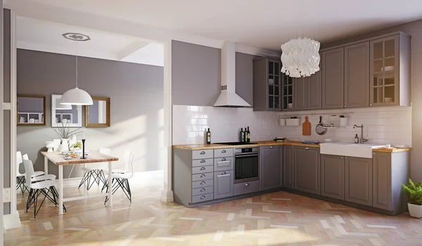 现代风格的设计厨房内饰 渲染概念 — 图库照片
