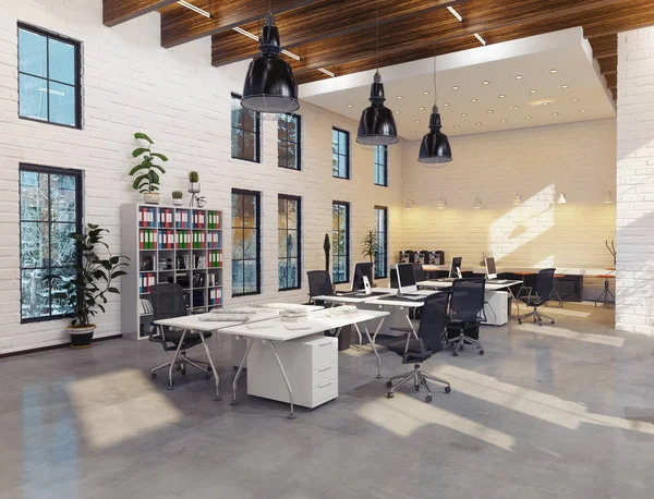 Modern Loft Alan Ofis Render Tasarım Konsepti — Stok fotoğraf