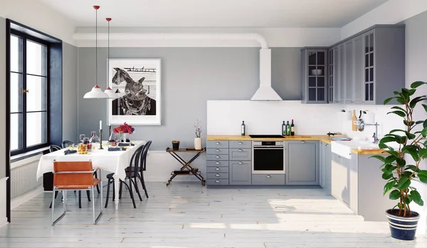 Modern Stil Design Kök Interiör Rendering Koncept — Stockfoto