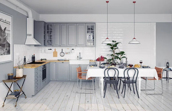 Modern Stil Design Kök Interiör Rendering Koncept — Stockfoto